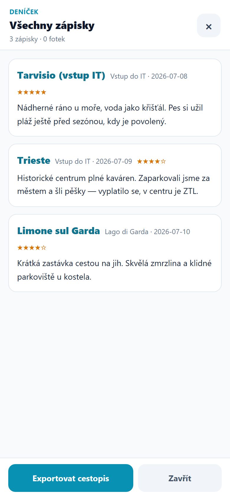 Journal with entries from places, ratings and an Export travelogue button