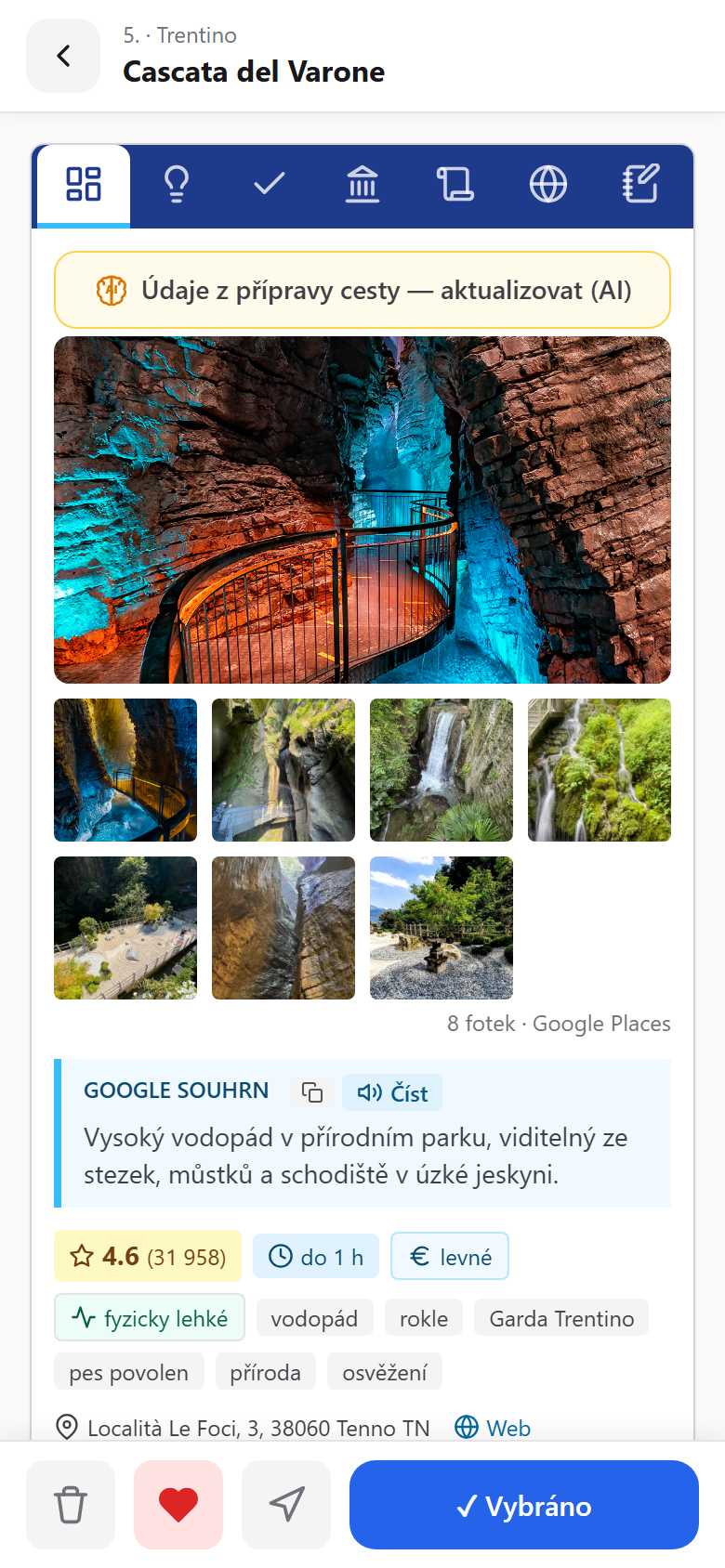 Place detail with Google photos and practical information