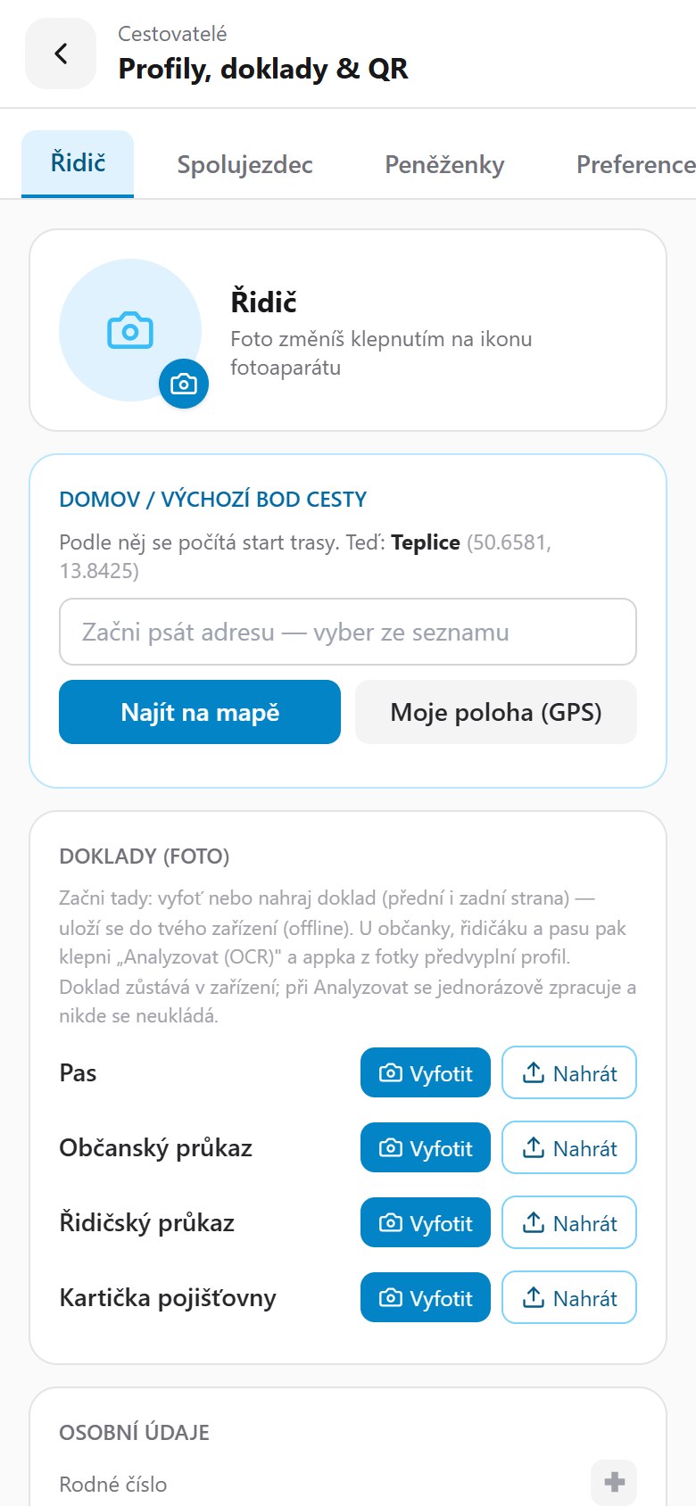 Empty traveller profile with documents — passport, ID card, driving licence and insurance card, with OCR photo capture