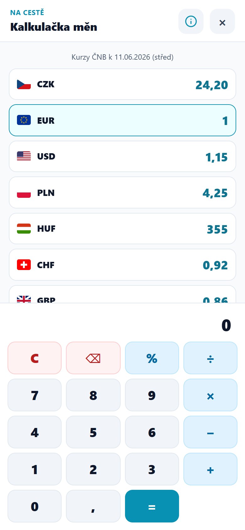 Currency calculator with CNB rates for CZK, EUR, USD, PLN, HUF, CHF and GBP