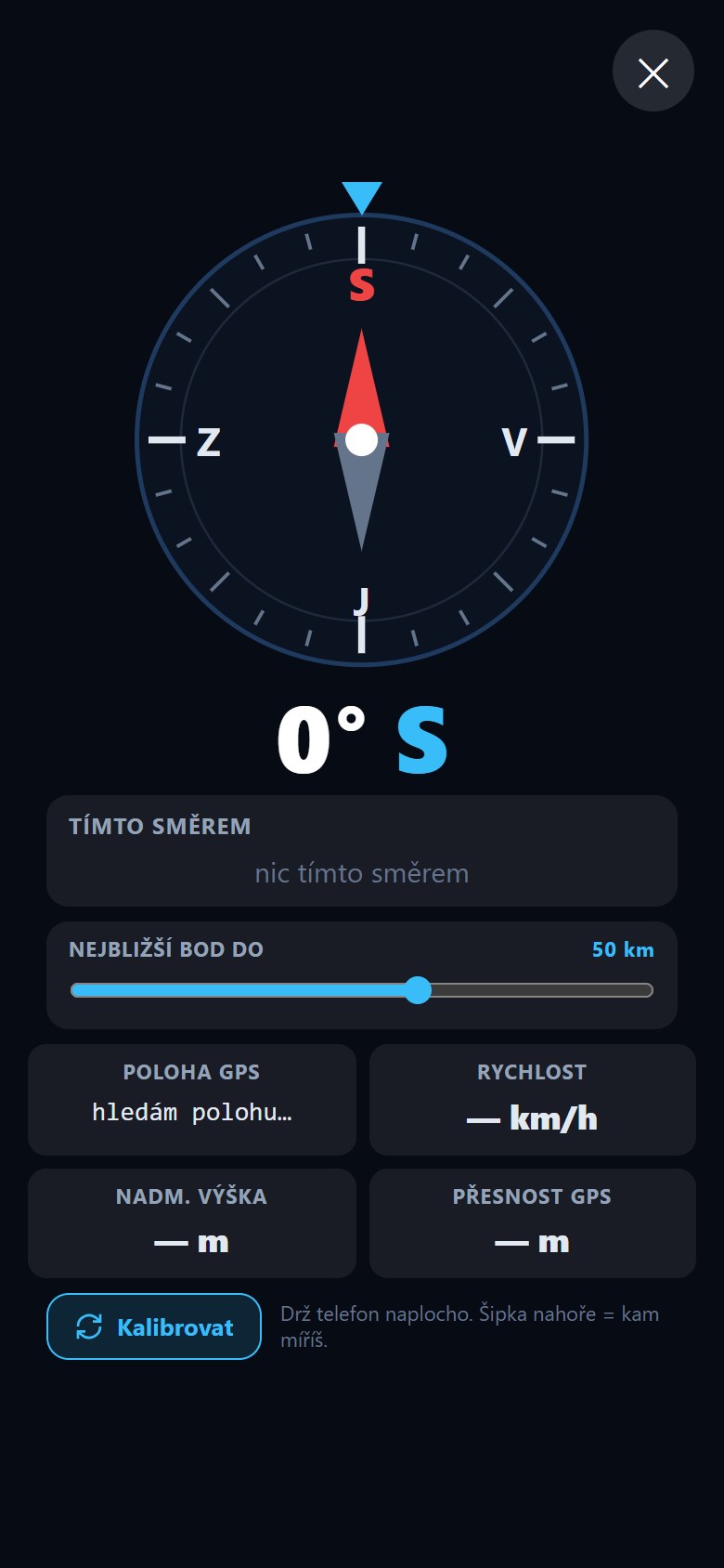 Compass with nearest destinations in the viewing direction, altitude and GPS accuracy