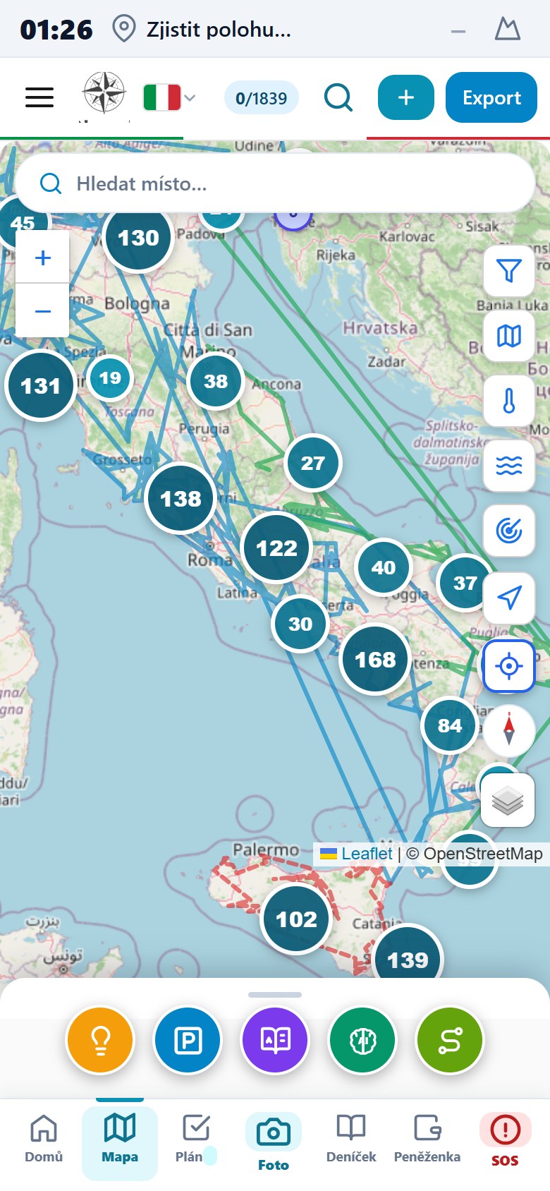Map with thousands of places, a route and layers