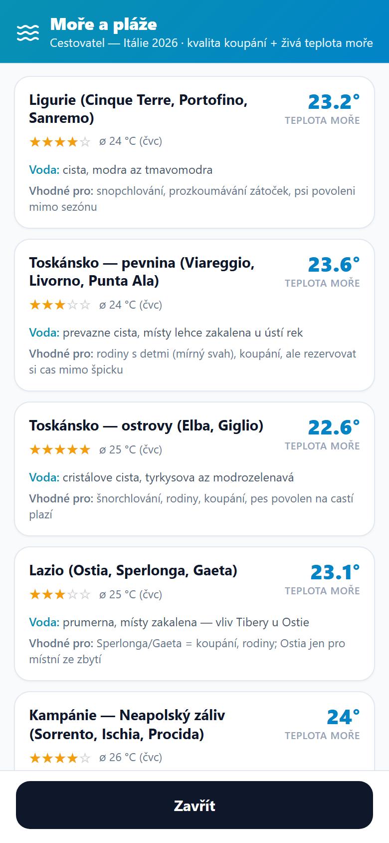 Sea and beaches overview with bathing-quality rating and live sea temperature for Italian regions