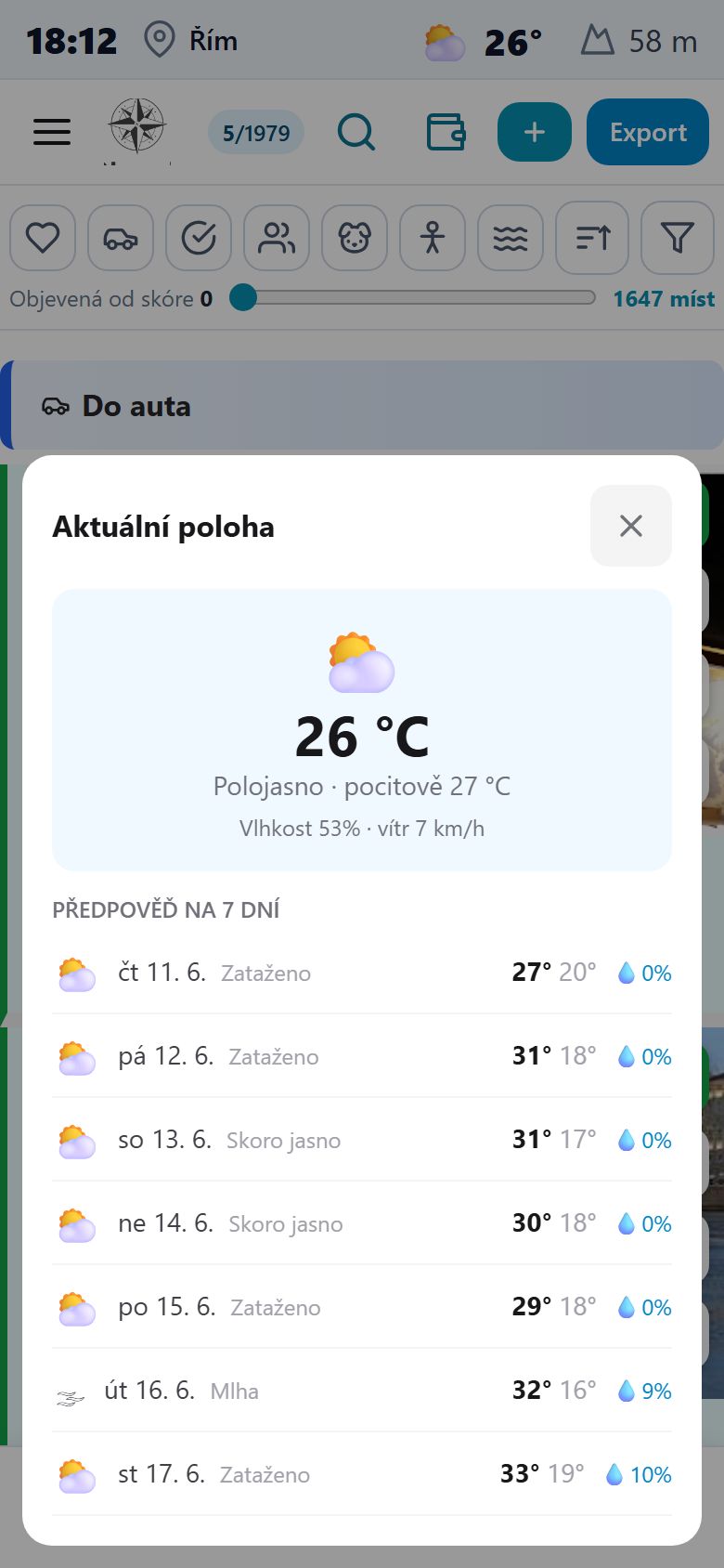 Current weather and a seven-day forecast with temperatures and rainfall