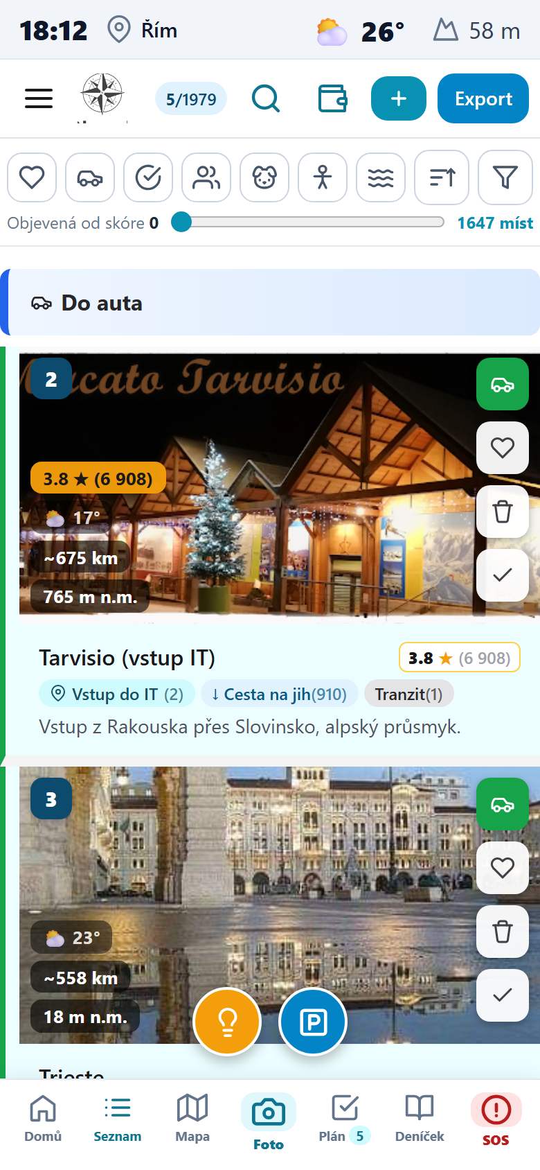 List of places with icon filters and the To car and Favourites groups