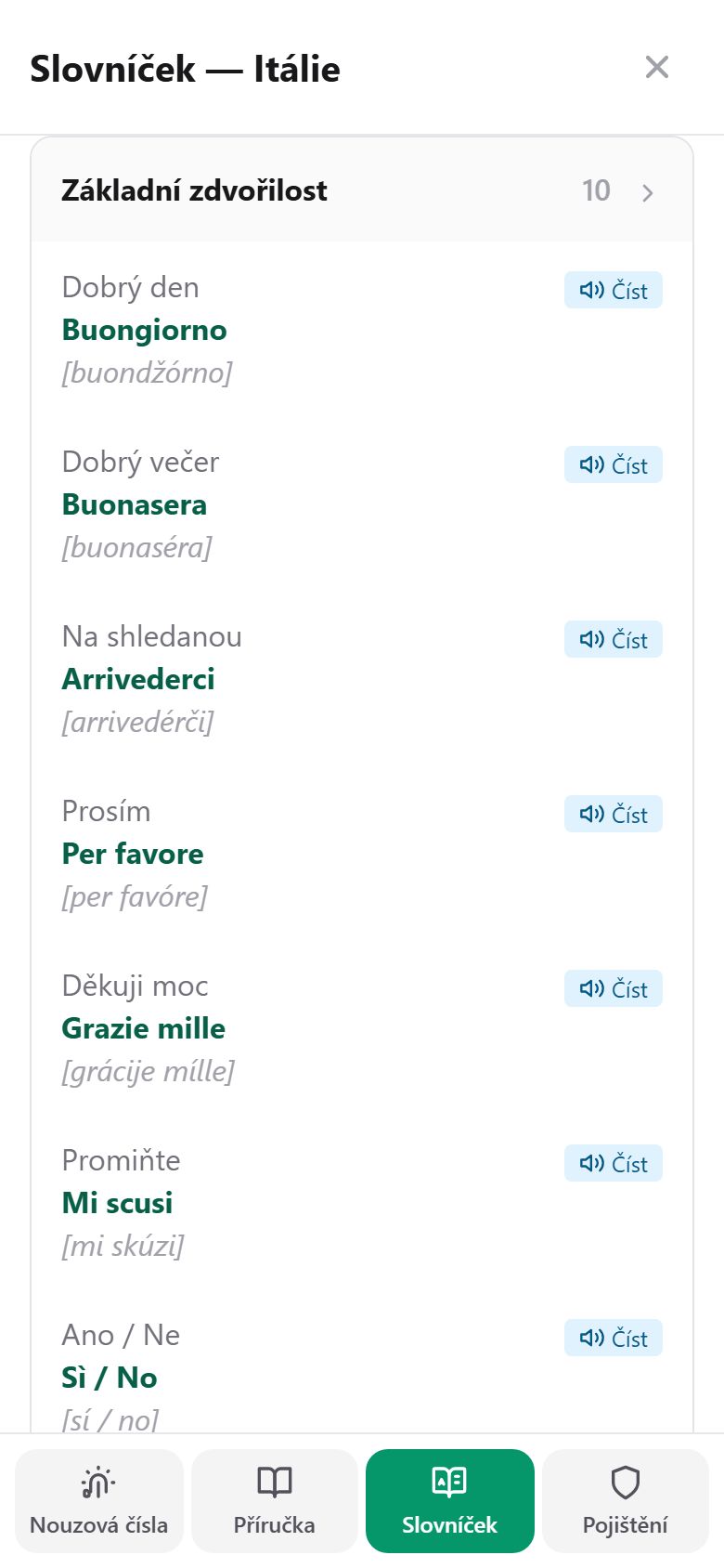 Phrasebook of Italian phrases with pronunciation and a read-aloud button
