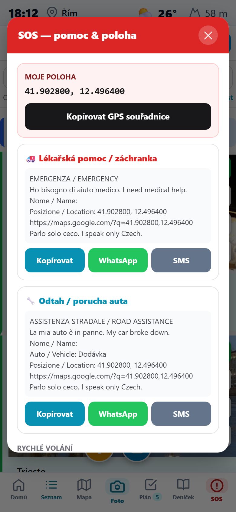 SOS screen with GPS location and a ready-made message for emergency services and tow