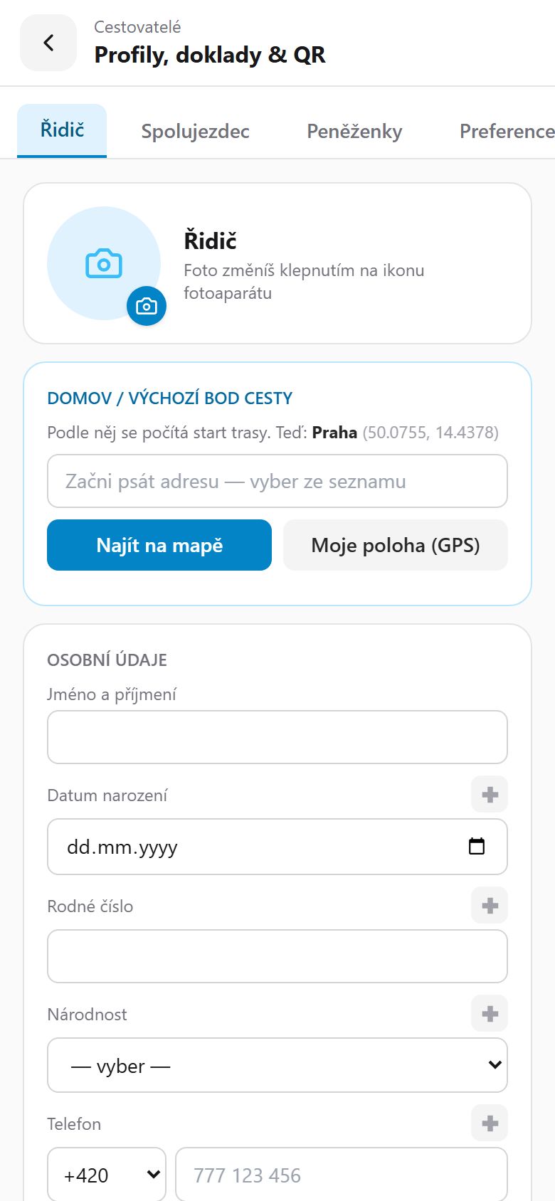 Empty traveller health card with profiles and personal details