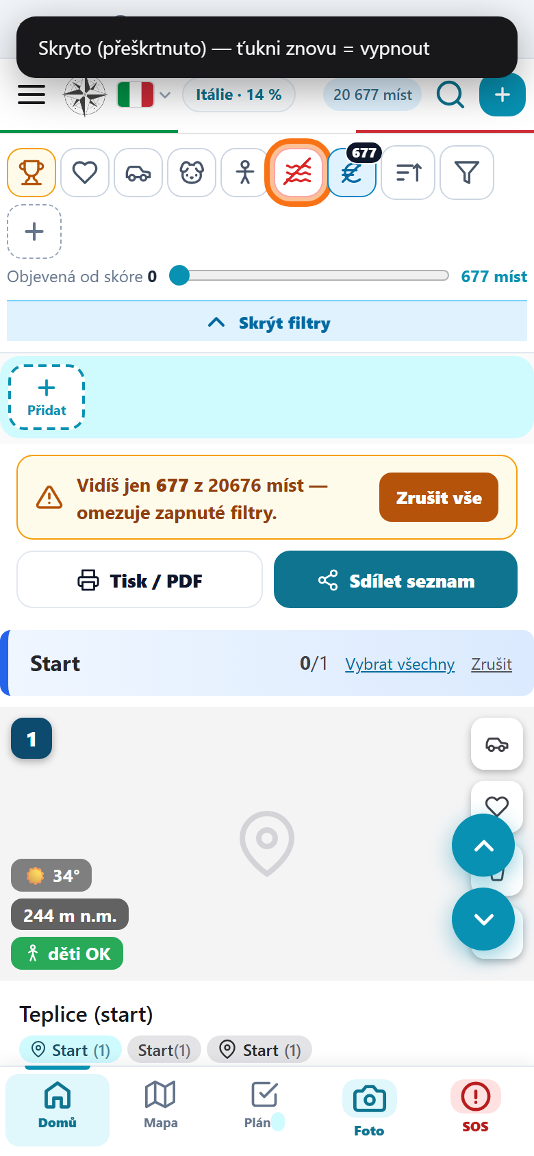 Rychlý filtr Koupání v negativním stavu — červený rámeček, koupací místa skryta
