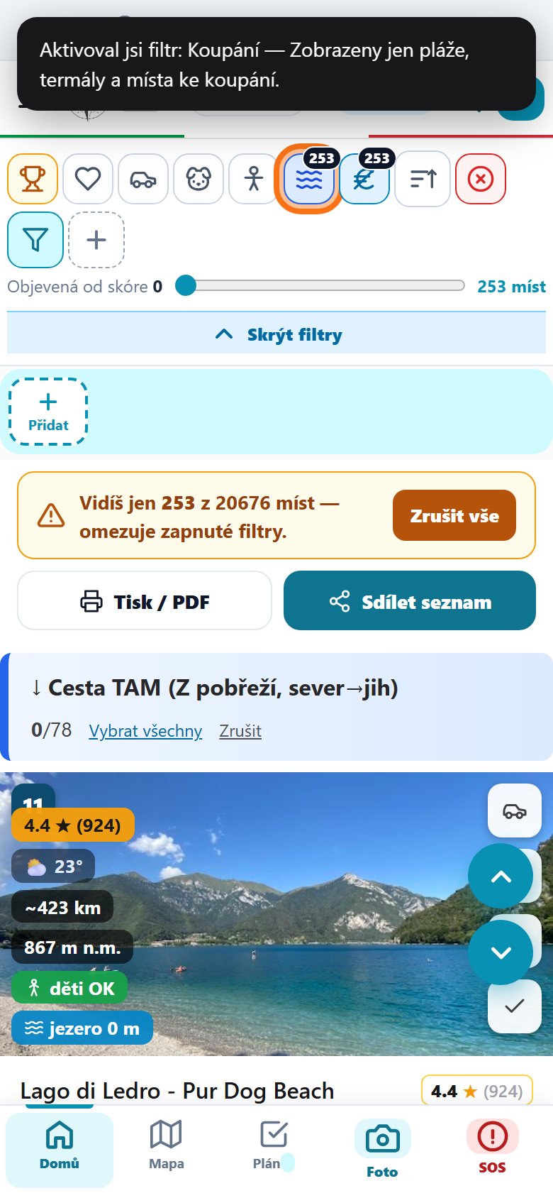 Rychlý filtr Koupání v pozitivním stavu — modrý, zobrazena jen koupací místa
