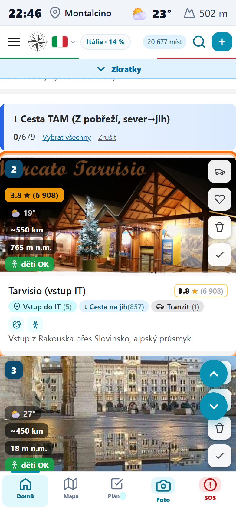 Seznam s oranžově zvýrazněnou kartou místa, na kterou se klepne pro otevření detailu