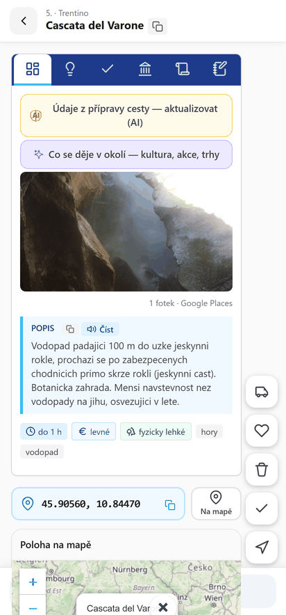 Animace: detail místa se roluje shora dolů — foto, popis, štítky, GPS, mapa, parkování