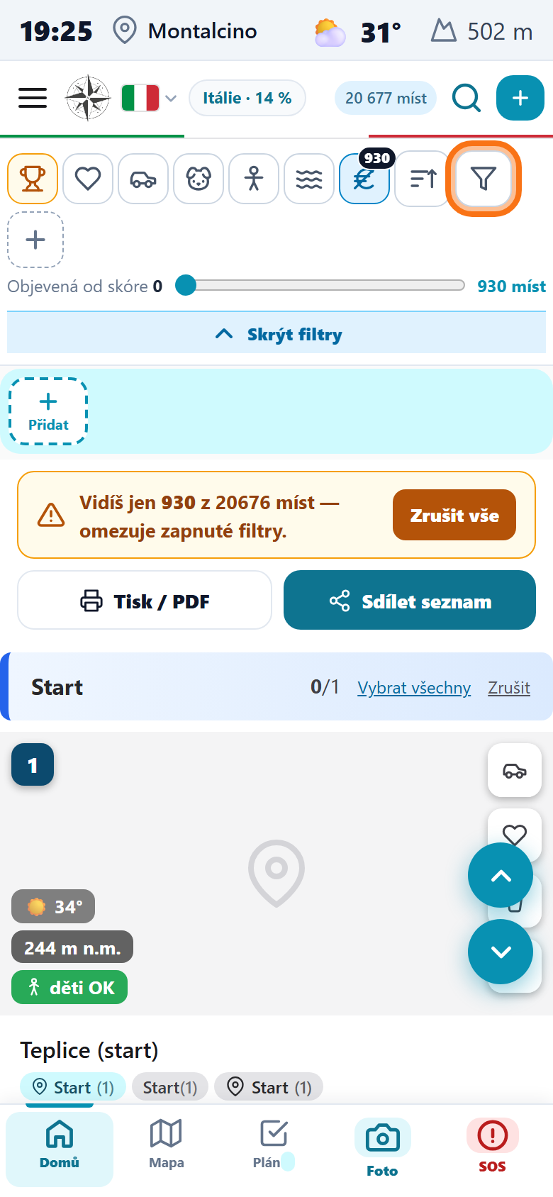 Hlavní obrazovka s oranžově zvýrazněným tlačítkem Více filtrů (trychtýř)