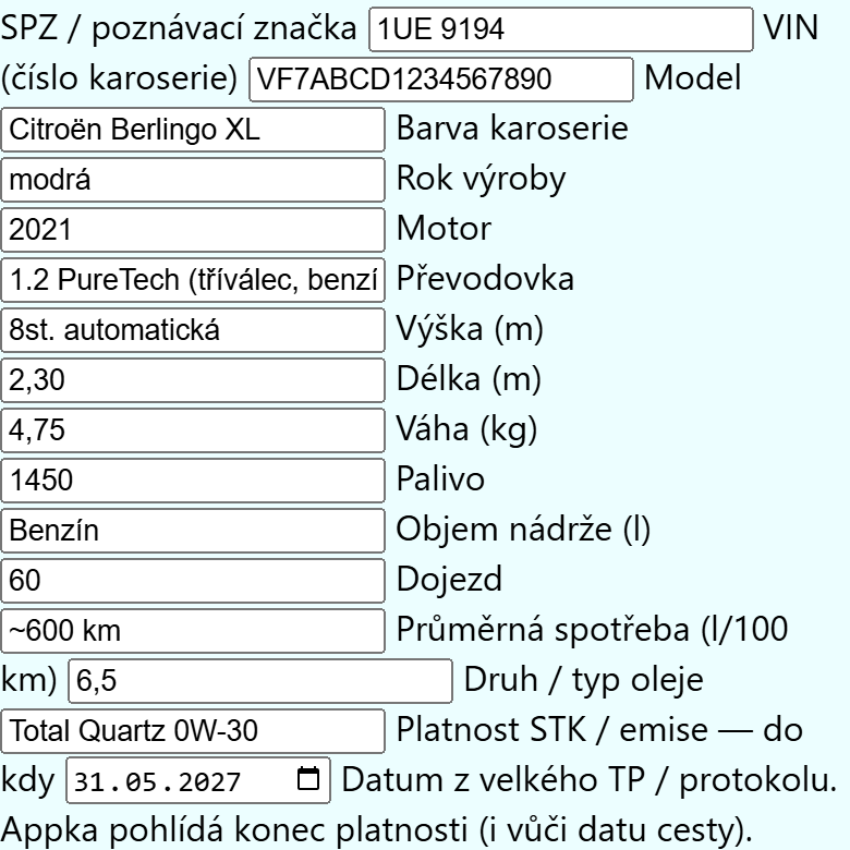 Karta vozu v aplikaci SeekBone s vyplněnou SPZ, VIN, modelem, rozměry a platností STK