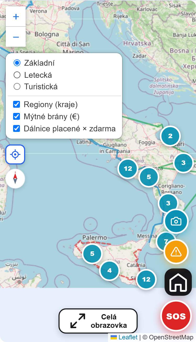 Mapa Itálie v aplikaci SeekBone se zapnutými vrstvami Regiony, Mýtné brány a Dálnice placené × zdarma