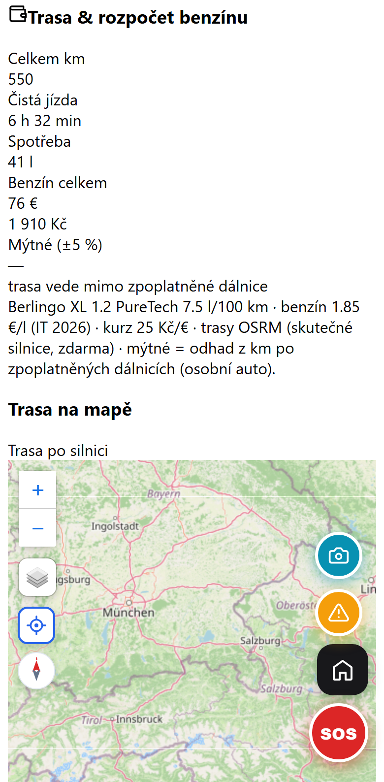 Plán trasy v aplikaci SeekBone s rozpočtem benzínu a trasou na mapě