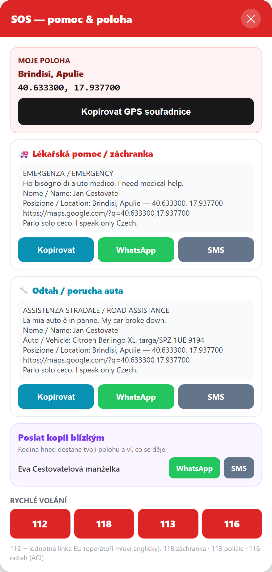 SOS panel v aplikaci SeekBone s GPS polohou a předpřipravenými zprávami pro záchranku a odtahovku
