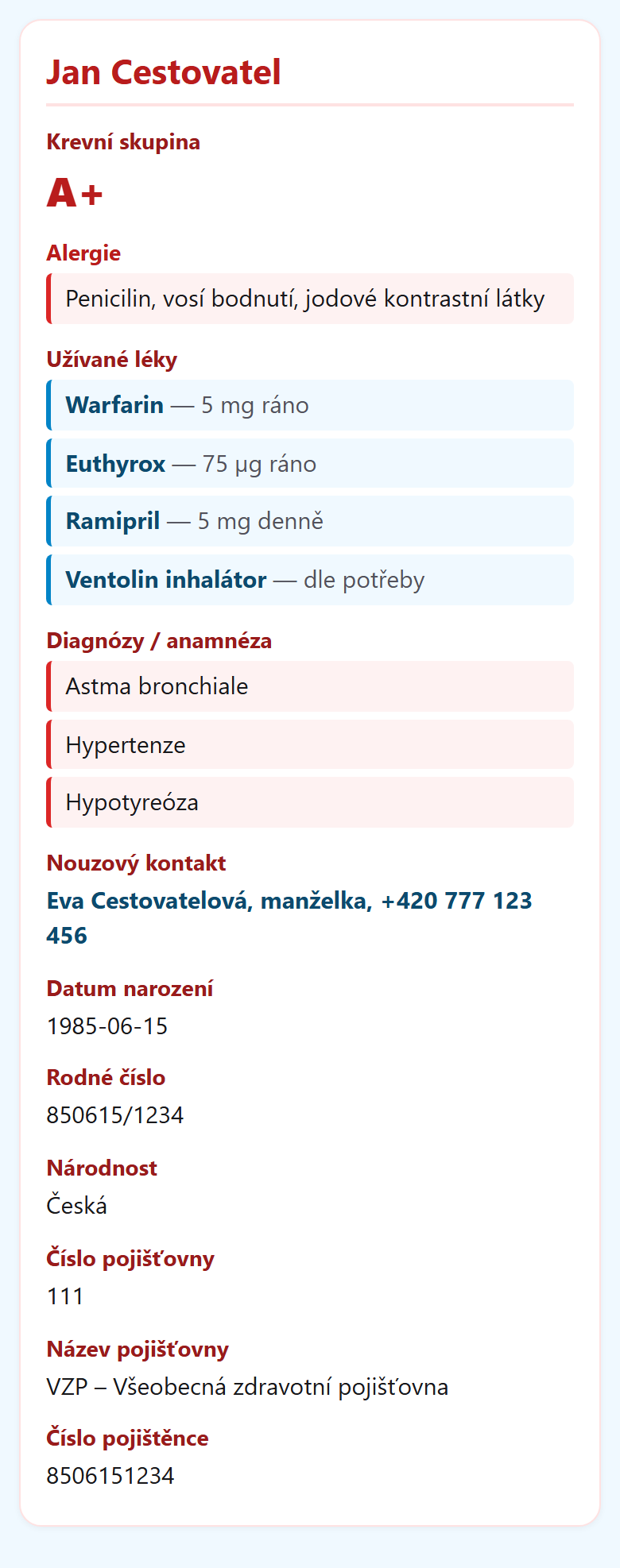 Zdravotní karta, kterou uvidí záchranář po načtení QR kódu
