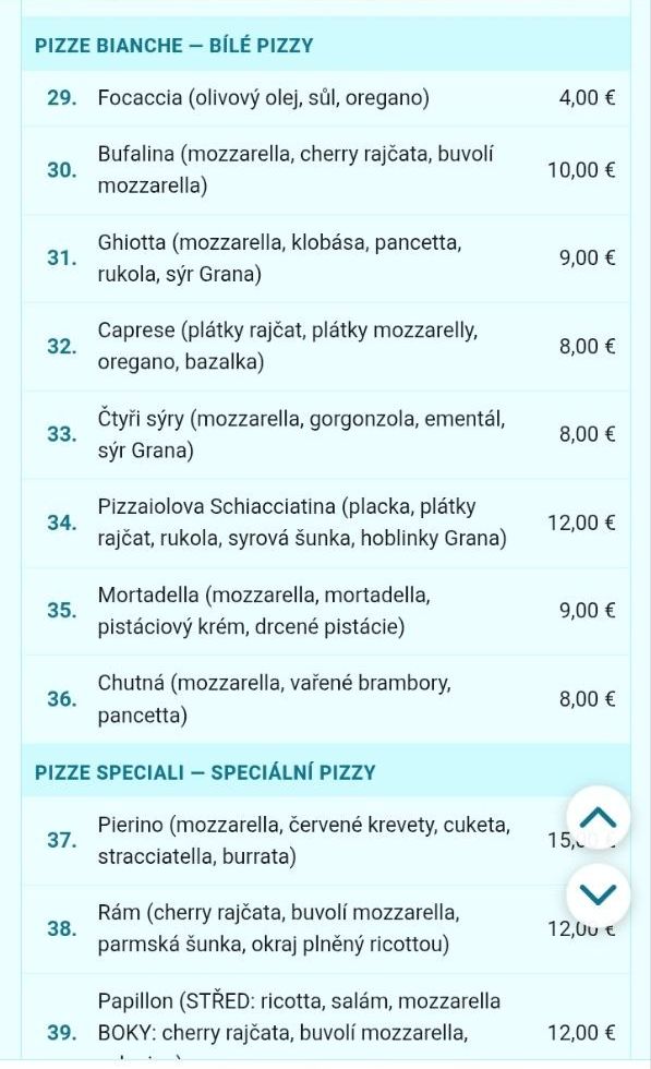 Ceník pizz v restauraci Lido Pierino v Palmi (Kalábrie) — bílé pizzy od 4 do 15 €