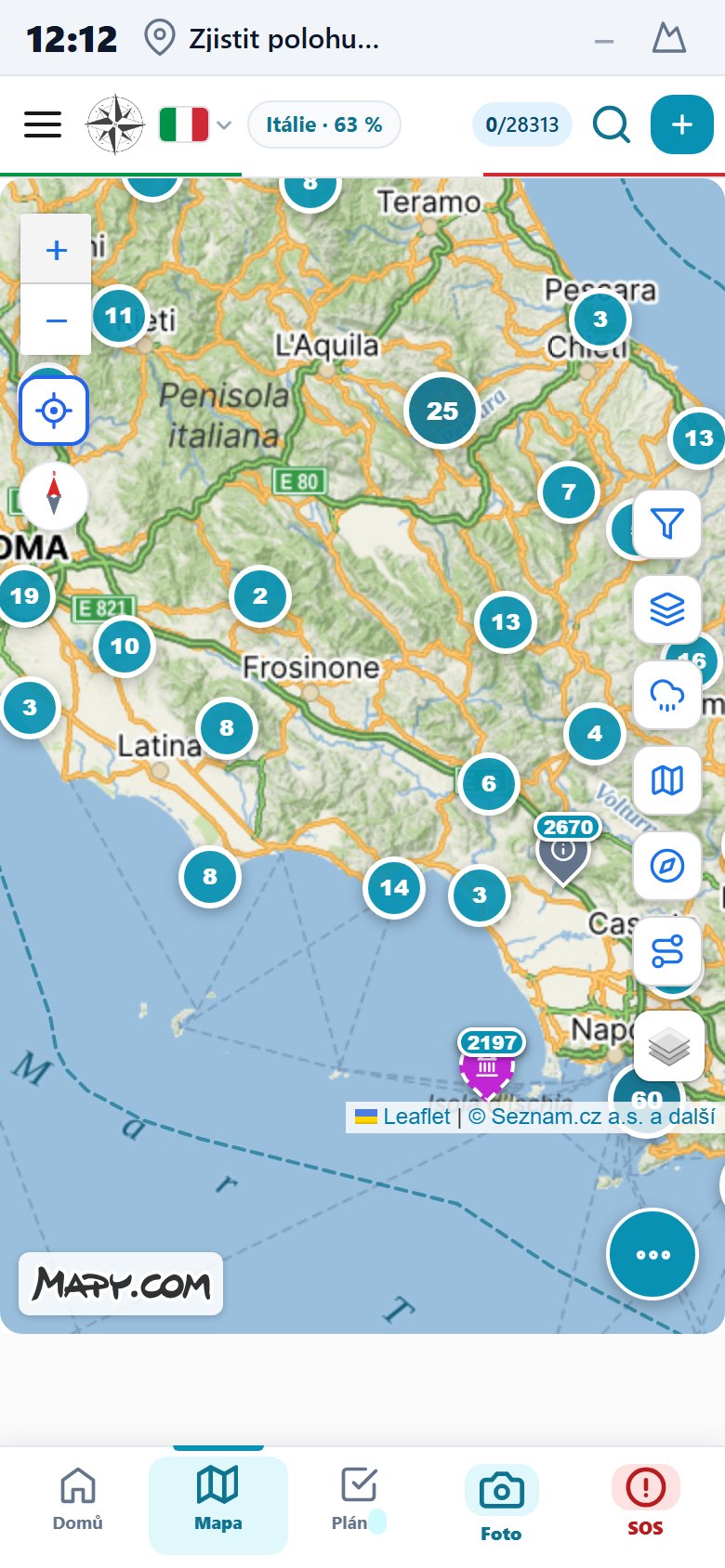 Mapa míst v aplikaci SeekBone — přehled destinací na trase