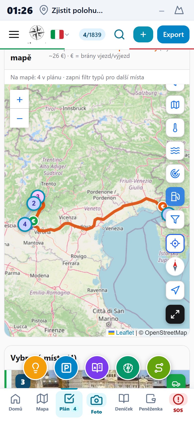 Plánovač trasy v aplikaci SeekBone — náhled výpočtu nákladů na cestu